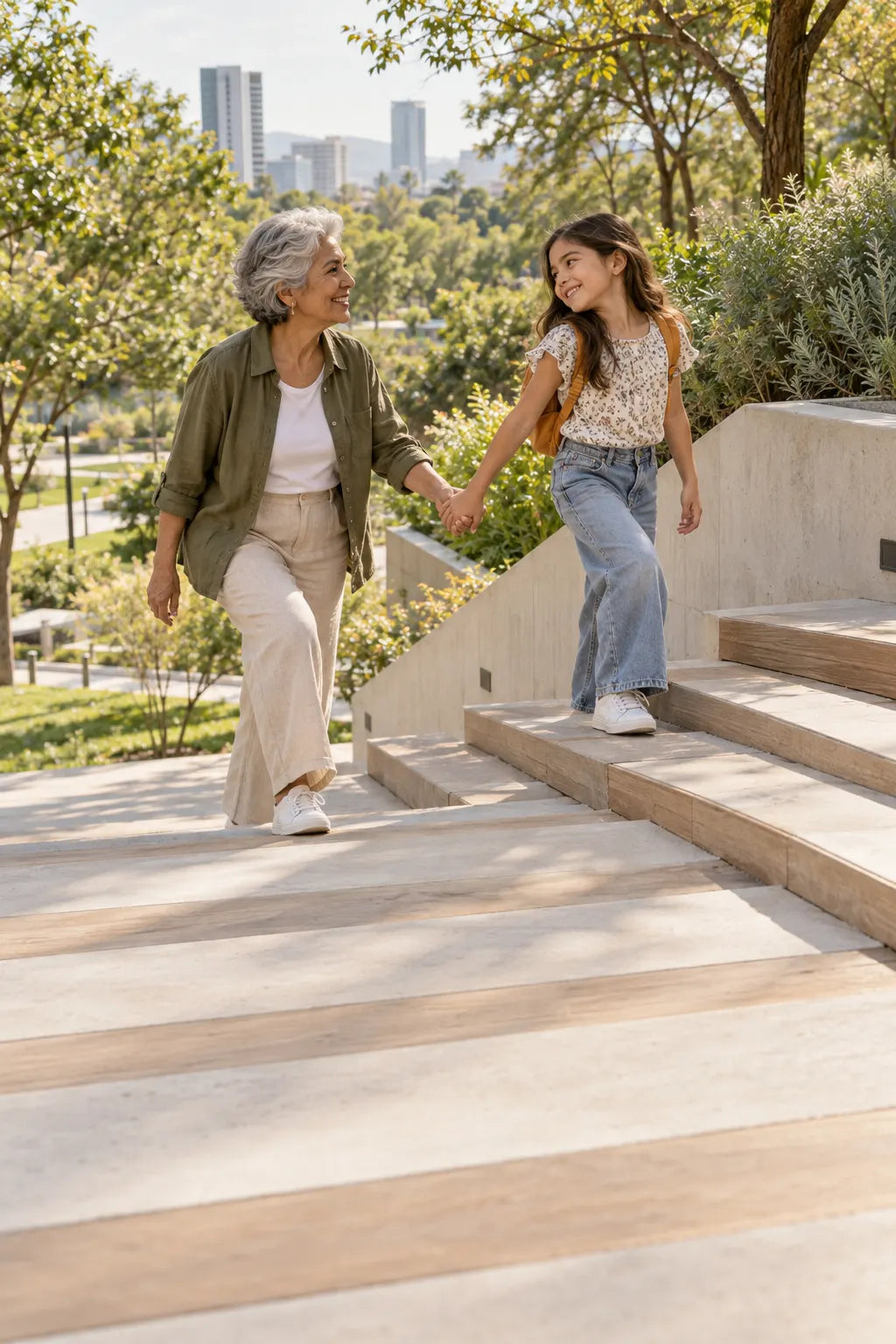 Una abuela sube una escalera de parque de la mano de su nieta