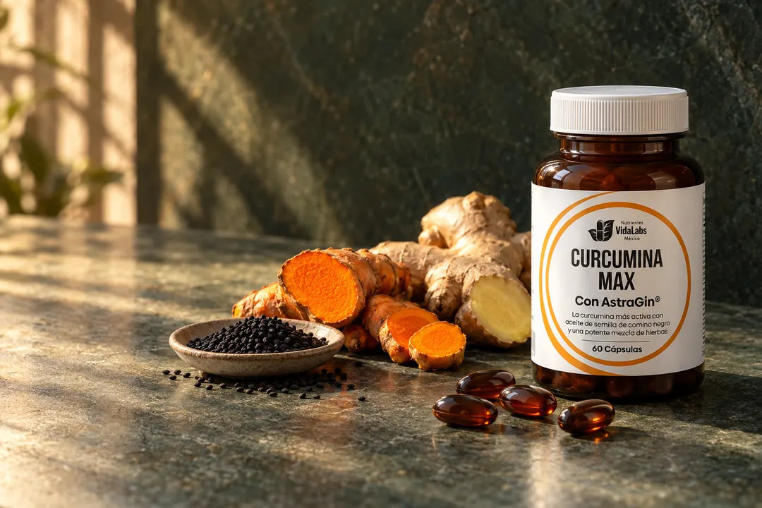 Frasco de Curcumina Max con raíz de cúrcuma, jengibre y comino negro