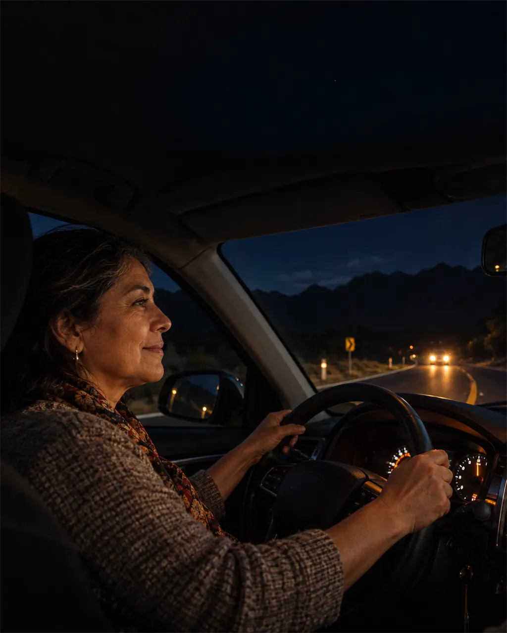 Una mujer de unos 58 años maneja de noche; un coche viene de frente