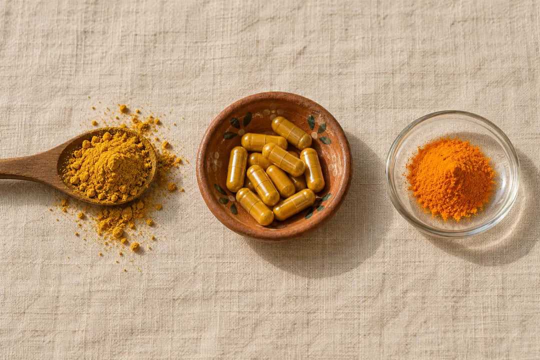 Cúrcuma de cocina, cápsulas de raíz molida y extracto de curcumina