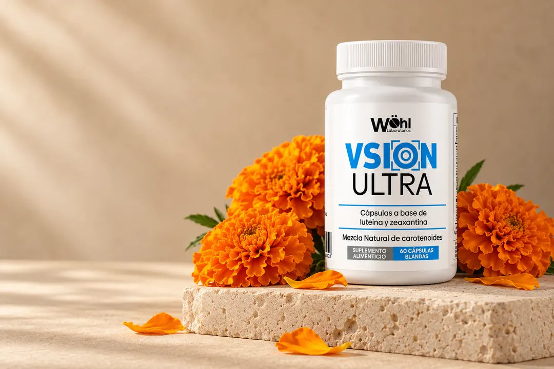 Frasco de Vsion Ultra con flores de cempasúchil
